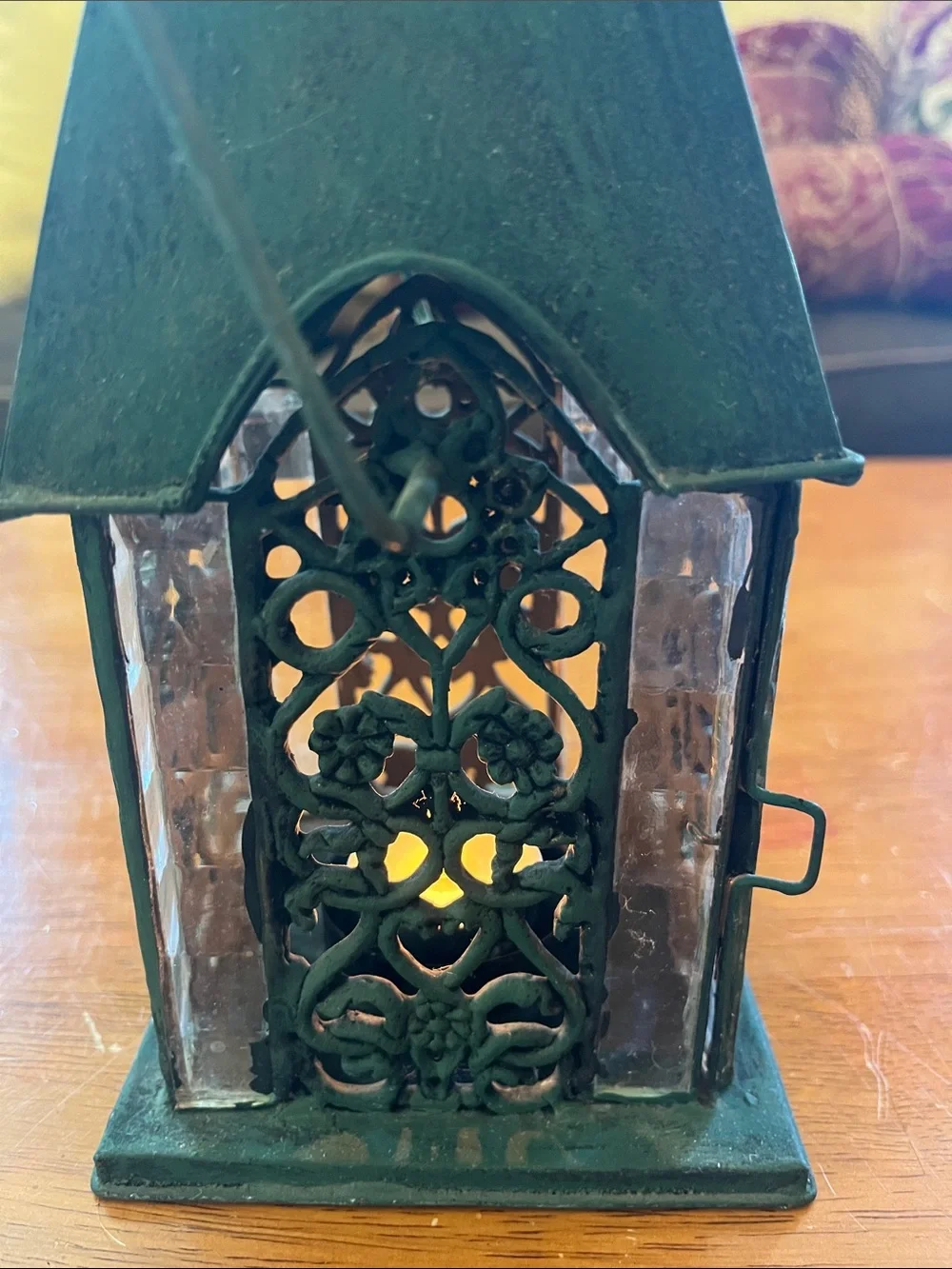 Green Decorative Metal and Glass Cathedral style tea light Lantern